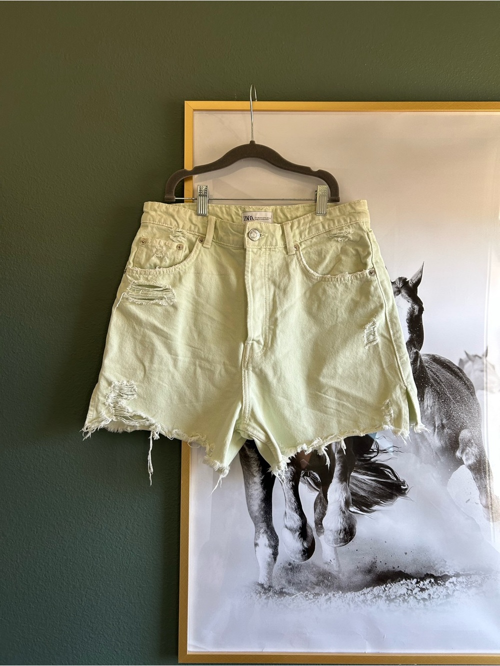 Zara Pale Lime High-Waist Distressed Shorts